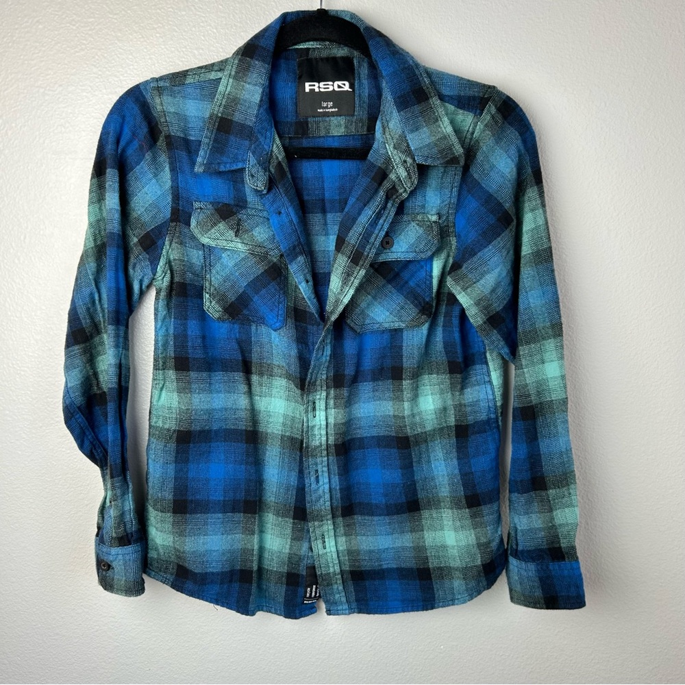 RSQ Boys Blue Plaid Flannel Size Large